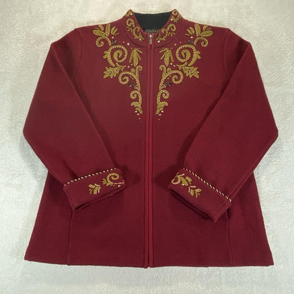 Icelandic Design L Cardigan‎ Sweater Jacket Maroon Boiled Wool Embroidered Vtg